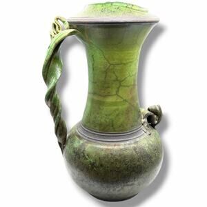 Vintage Green Hand Thrown Pottery Pitcher Stamped Maine Triple p Art Novo Style